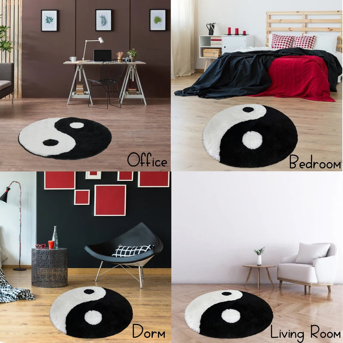 Alfombra yin yang en un dormitorio