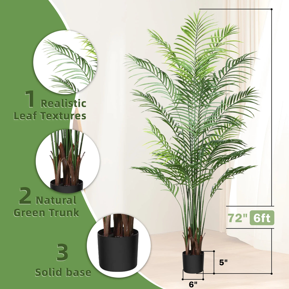 Palmera areca artificial, detalle de las hojas