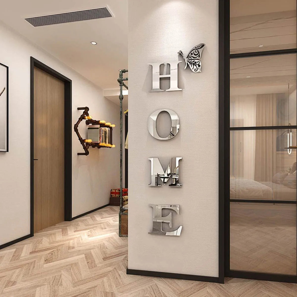 Vinilo espejo 3D HOME plateado en la pared